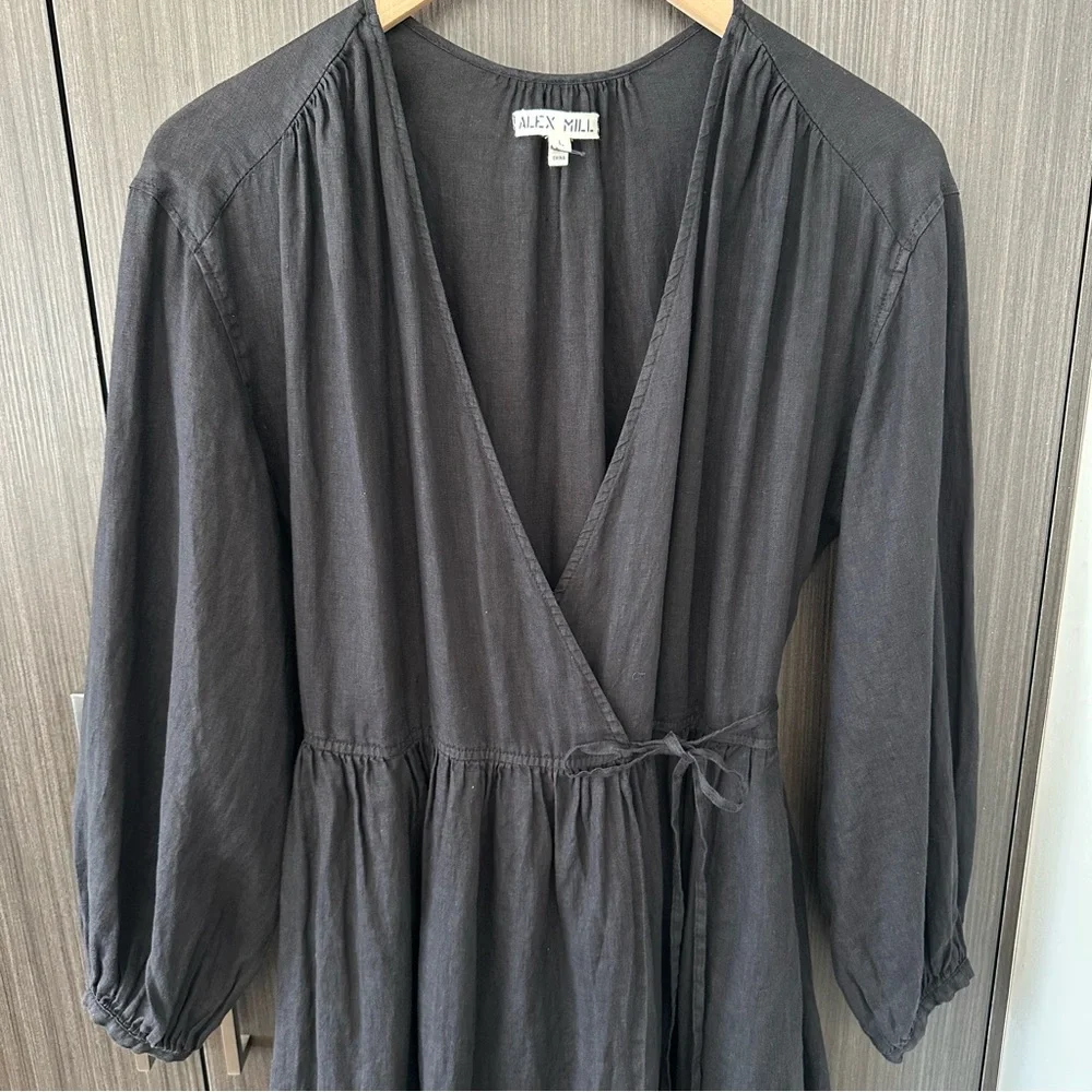 NWOT Alex Mill Lauren Long Sleeve Linen Maxi Wrap Dress in Rich Black Large
